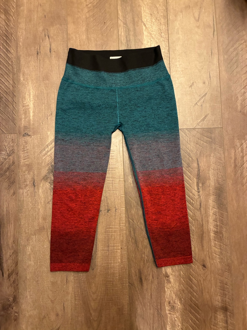 Athleta Teal, Gray & Red Ombre Leggings with Black Waistband